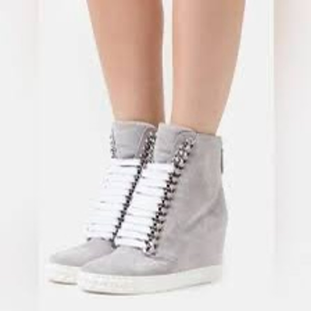 NEW IN BOX CASADEI grey suede Silver Chain Trim lace up Ankle Wedge sneaker